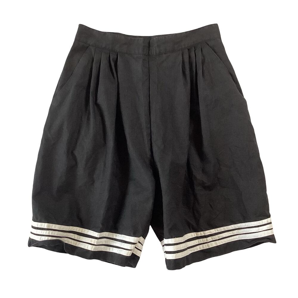 High Waisted Pleated Black Shorts with White Stripe Trim - Women's